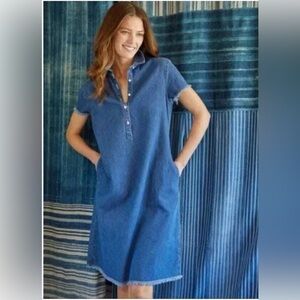 J. McLaughlin Denim Small Shift Dress Blue Frayed Hem Collared Pocket Casual EUC